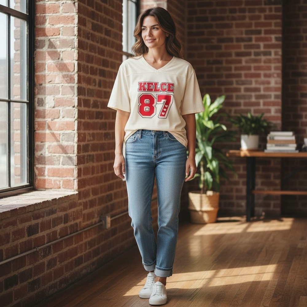 NWT  NFLPA Travis Kelce Kansas City Chiefs 87 Cream V-Neck Graphic T-Shirt Med